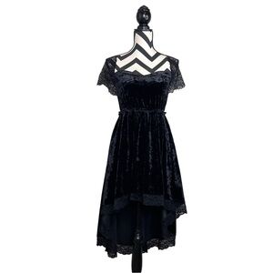Goth Black Velvet Sz S Lace Trim Grunge Hi-Low Hem Dress